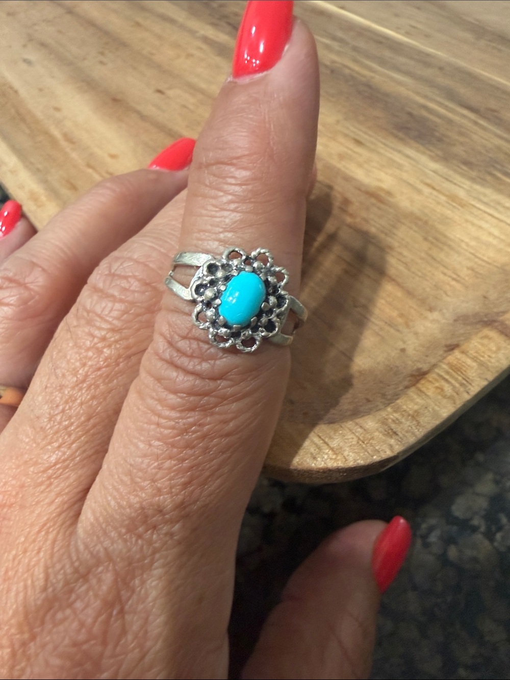 Sterling Silver Floral Ring with Turquoise Stone - Women's Jewelry - Picture 2 of 3